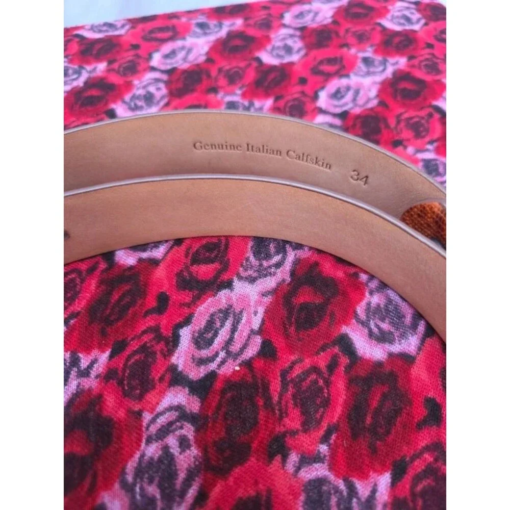 Italian Calfskin Leather Belt Size 34 Cognac Brown Embossed Solid Brass Buckle